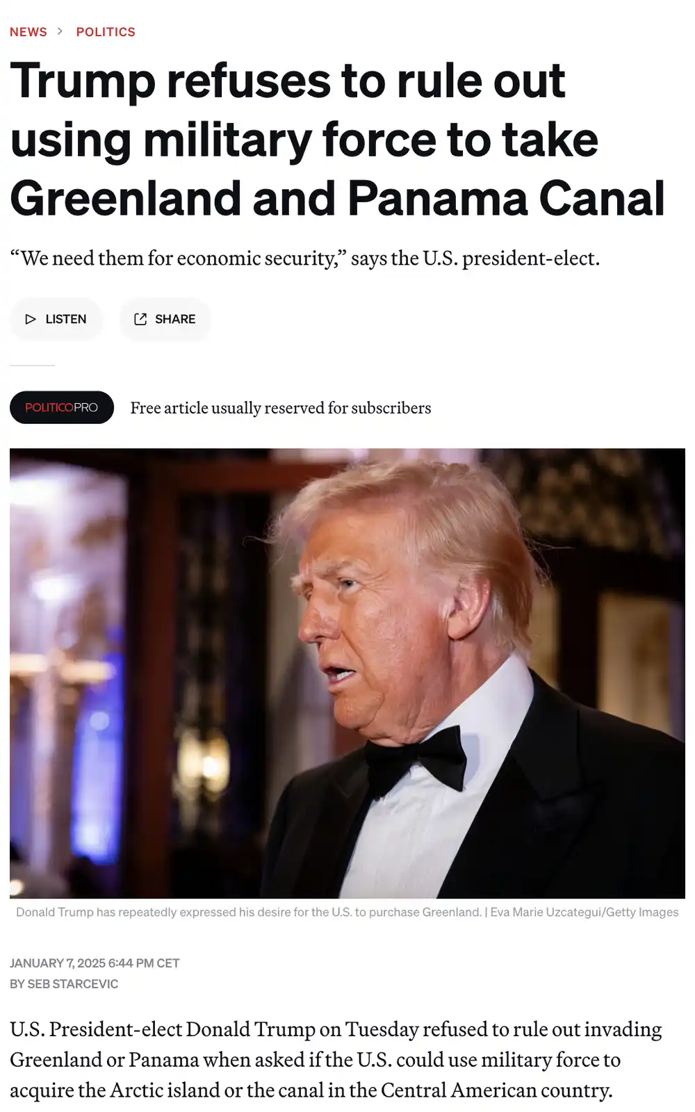A screenshot of a Politico news article with a photo of Donald Trump in a tuxedo. The headline reads 'Trump refuses to rule…