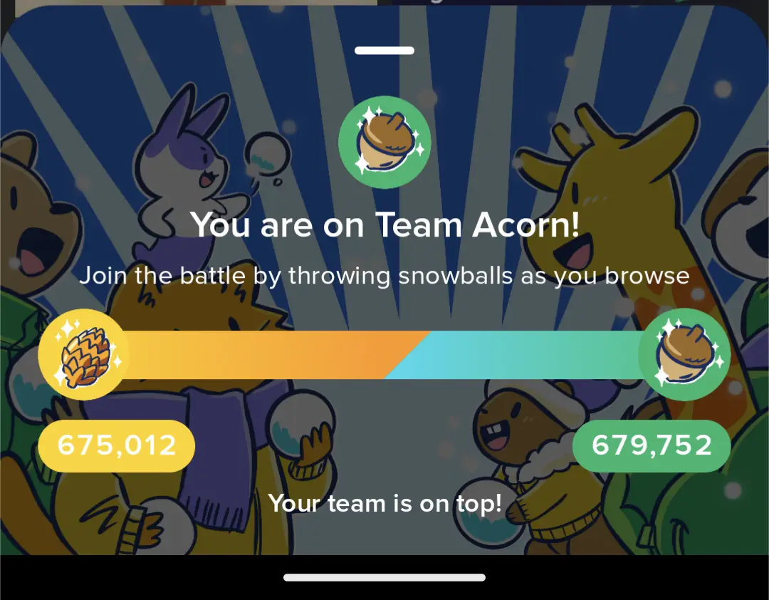 A screenshot of a mobile game interface showing a team battle between 'Team Acorn' and 'Team Pinecone', with scores of…