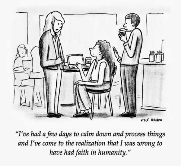 A black-and-white cartoon depicts three people in a cafe. One person sits at a table with a laptop, while two others stand…