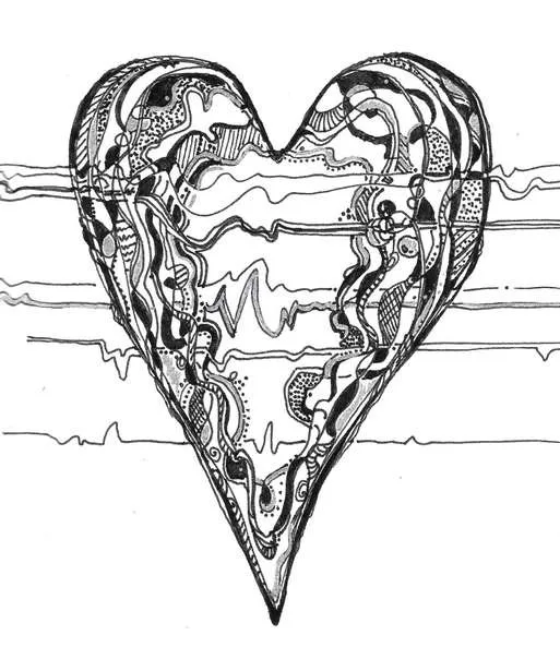 A black-and-white line drawing shows a heart shape filled with intricate, maze-like patterns and doodles, with horizontal…