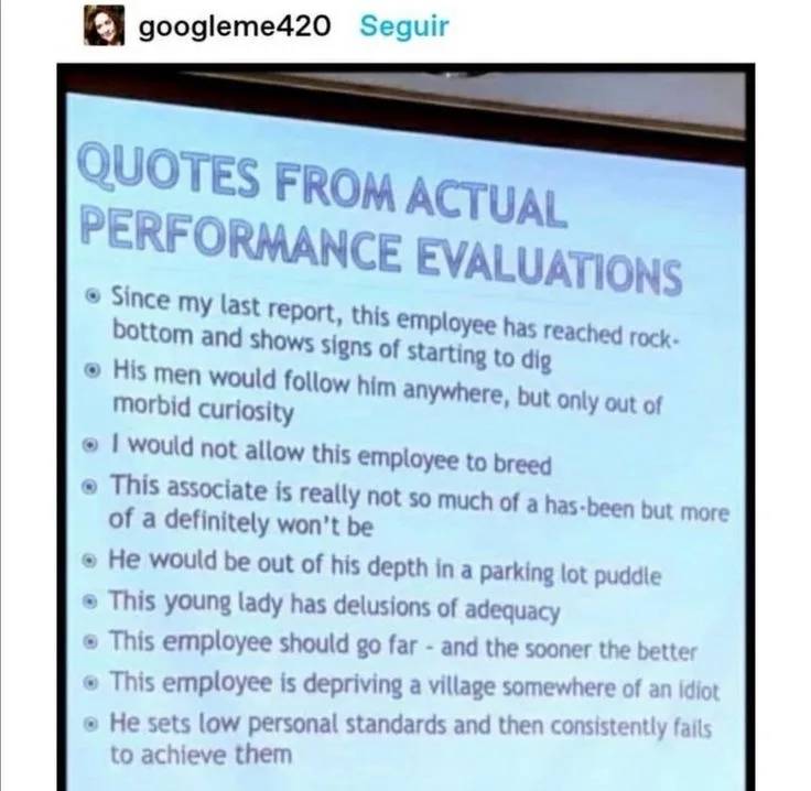 A screenshot of a presentation slide titled 'QUOTES FROM ACTUAL PERFORMANCE EVALUATIONS' lists absurd, sarcastic, and overly…