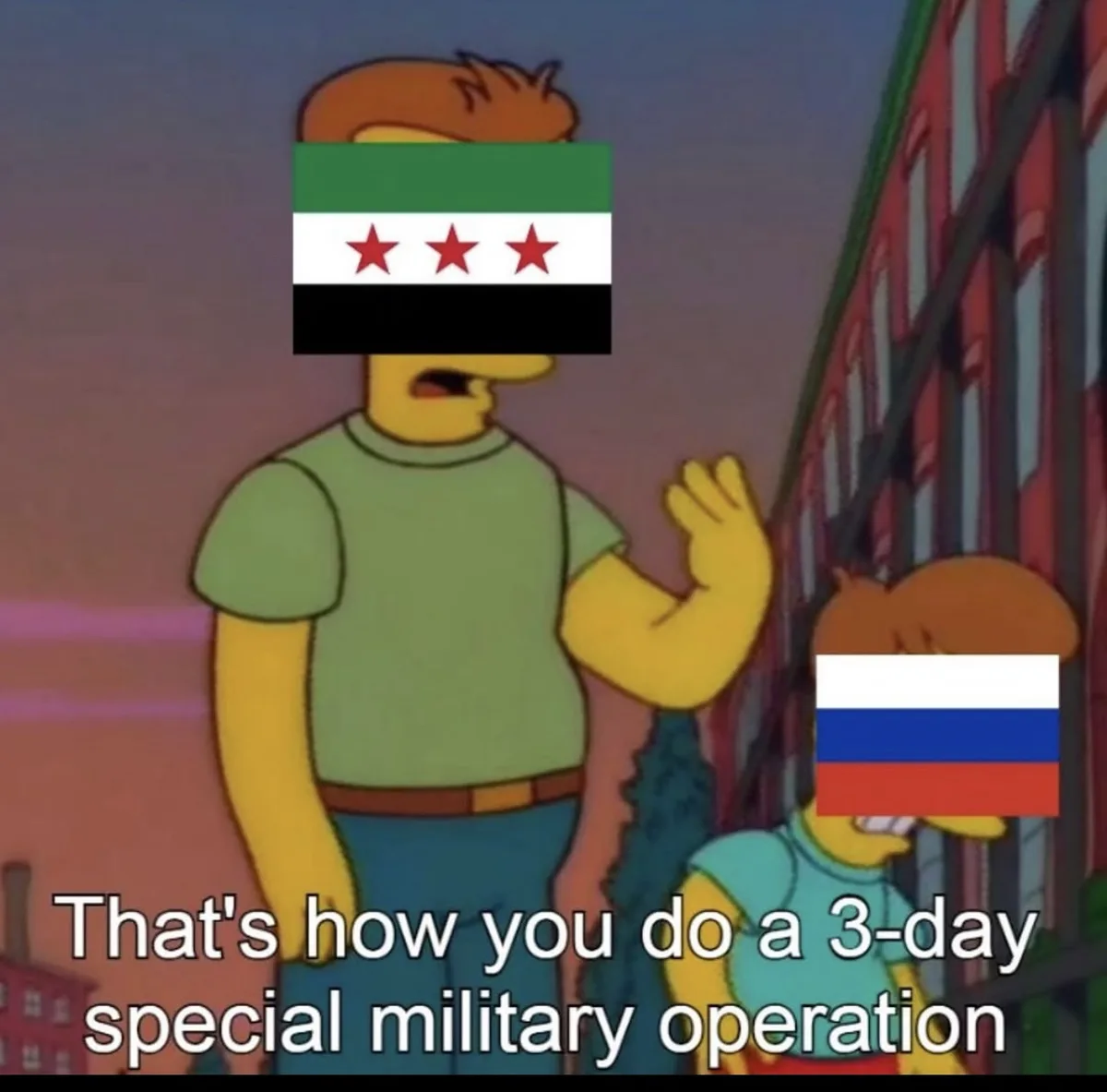 A cartoon image from The Simpsons shows two characters with their faces replaced by flags: the taller one has the Syrian…