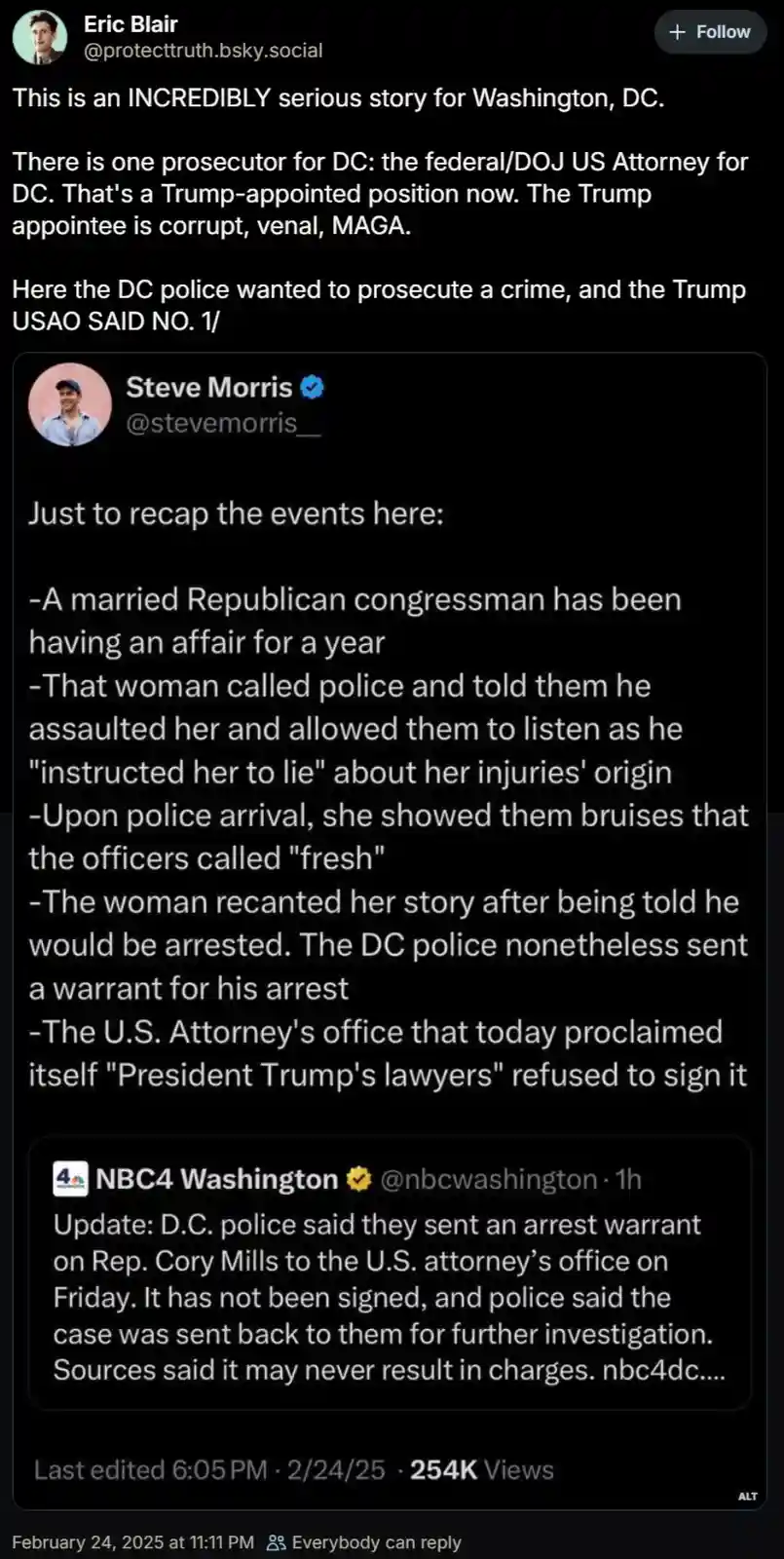 The image is a screenshot of a social media post by Eric Blair, which includes a retweet from Steve Morris summarizing a…