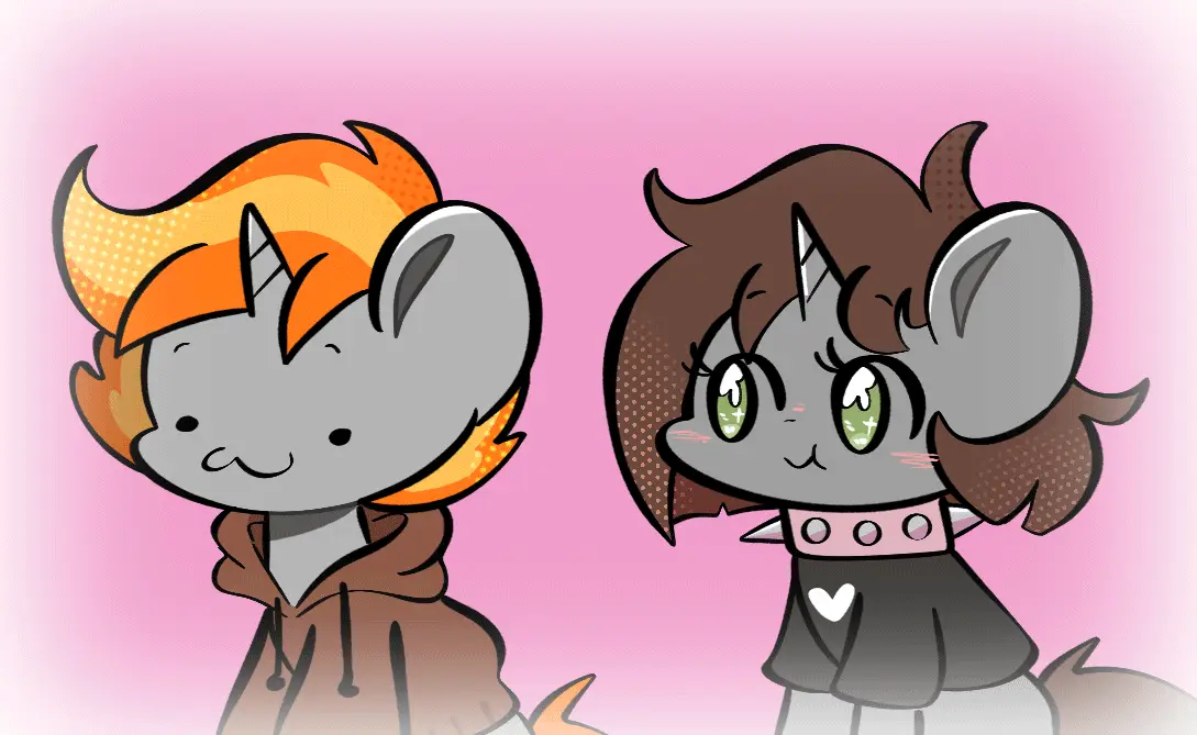 A comic strip of two chibi-style anthropomorphic mice with horns, one with orange hair and a brown hoodie, the other with…