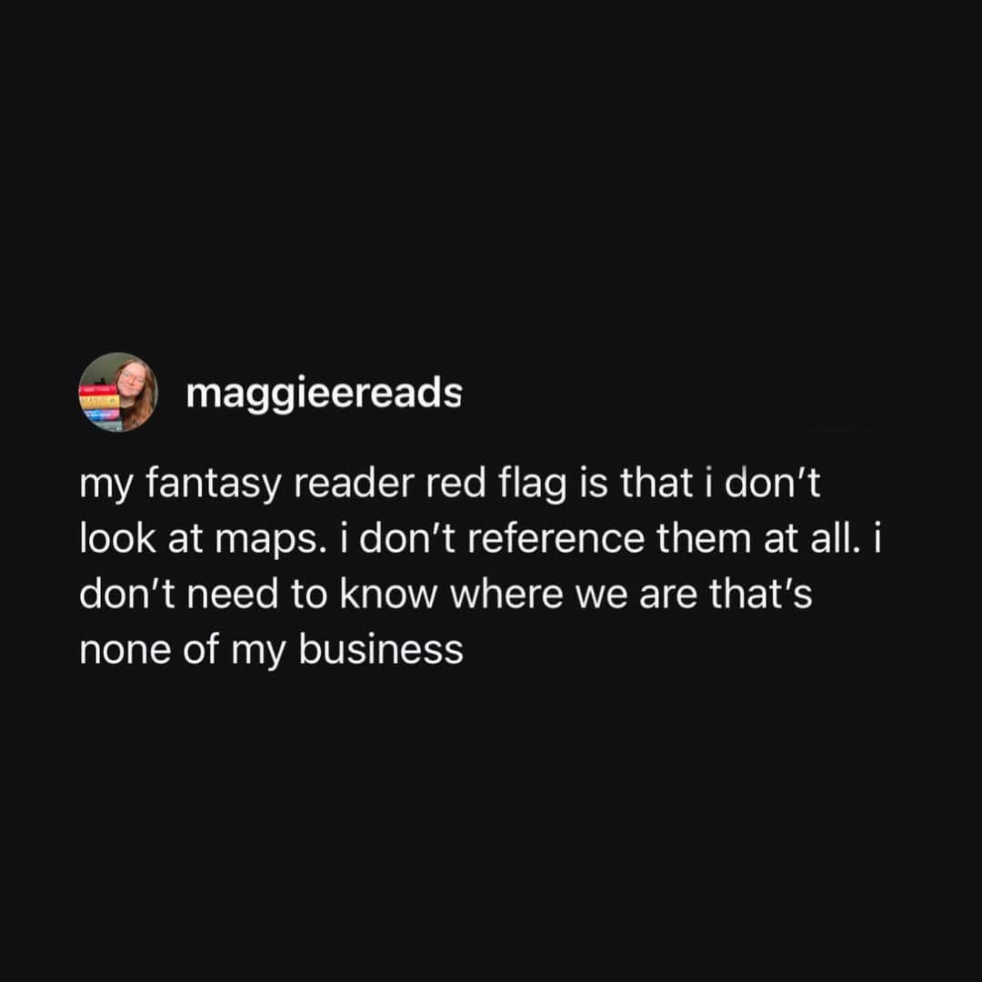 A screenshot of a social media post by 'maggieereads' with a black background and white text. The text reads: 'my fantasy…