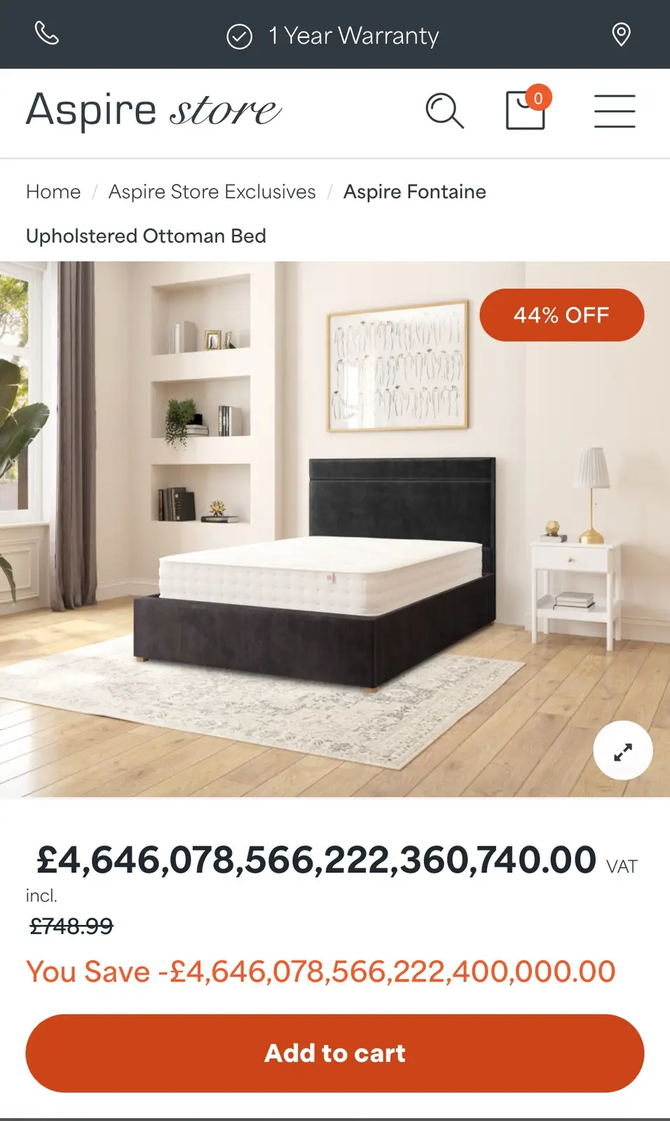 A screenshot of an online furniture store product page for an 'Upholstered Ottoman Bed' shows a ludicrously inflated price…