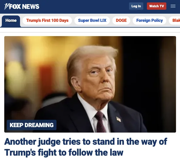 A screenshot of a Fox News webpage featuring a photo of Donald Trump looking serious, with a blue banner overlay reading…