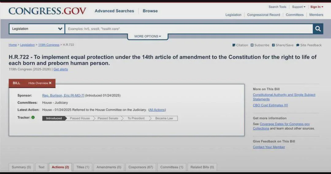 A screenshot of the official Congress.gov webpage showing bill H.R.722, which is titled 'To implement equal protection under…
