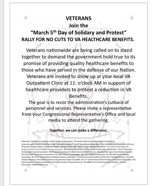 A black-and-white flyer for a veterans' rally titled 'March 5th Day of Solidarity and Protest' demanding no cuts to VA…