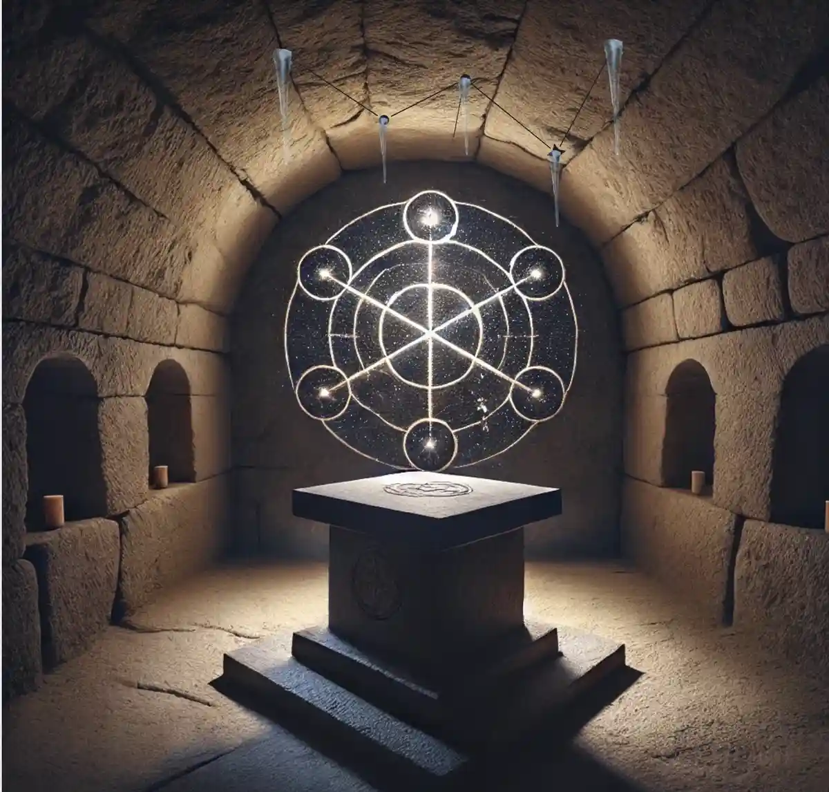 A dimly lit stone chamber features a pedestal with a glowing, intricate geometric symbol projected above it, surrounded by…