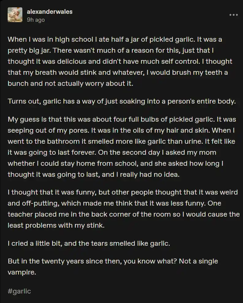 The image is a screenshot of a social media post with white text on a black background. The post is a personal anecdote…