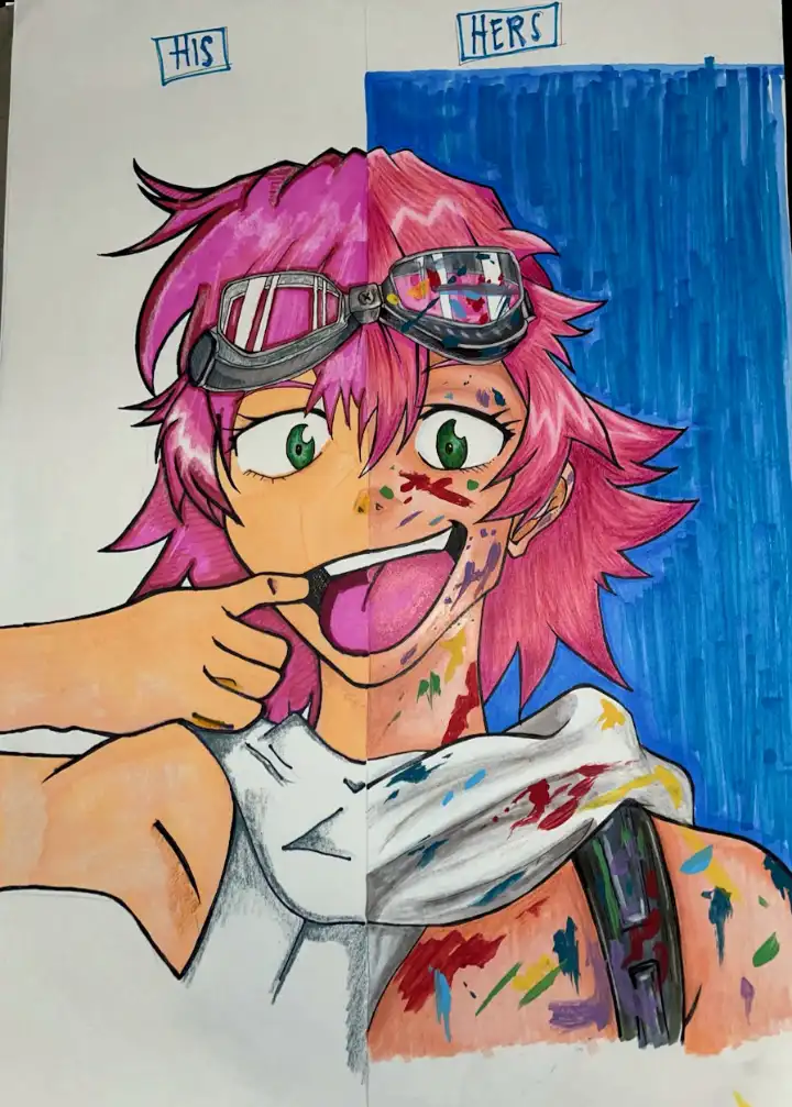 A hand-drawn anime-style illustration of a pink-haired character split vertically, with 'HIS' labeled above the left side…