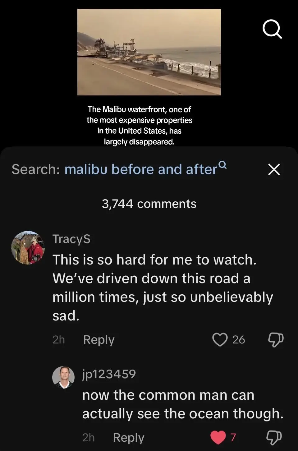 A screenshot of a social media post showing a photo of a destroyed Malibu waterfront with overlaid text stating it's one of…