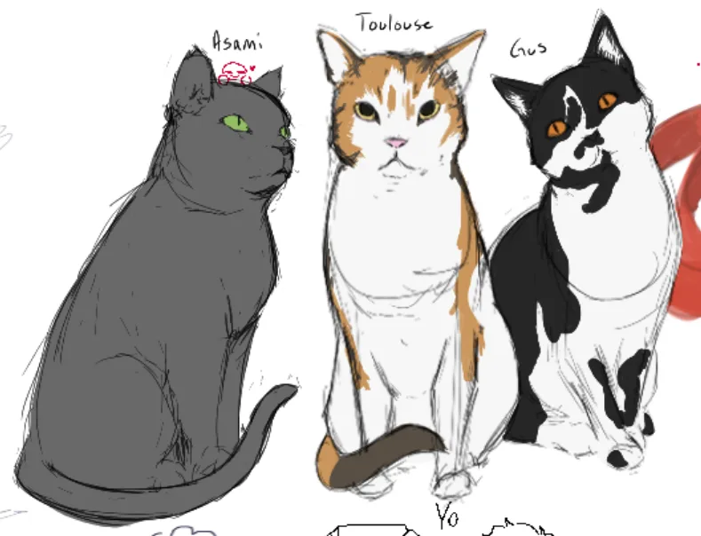 Three hand-drawn cats sit side-by-side; a gray cat labeled 'Asami' with green eyes, a calico cat labeled 'Toulouse', and a…