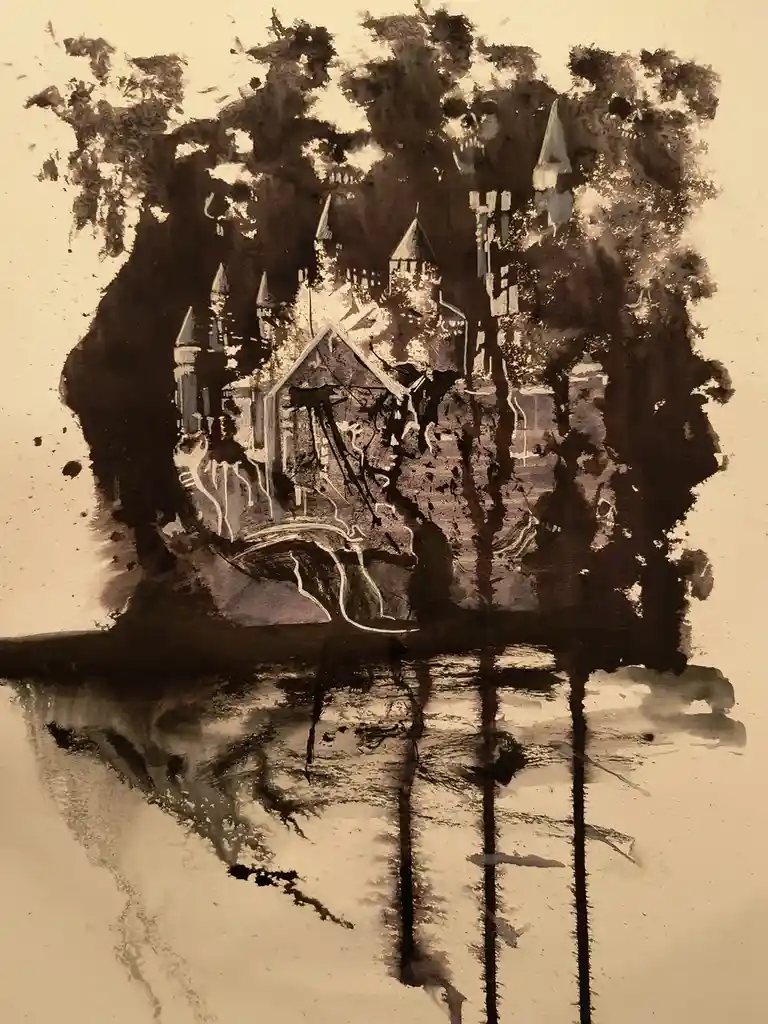A sepia-toned, watercolor-style artwork depicts a gothic castle with multiple spires, partially obscured by dark, abstract…