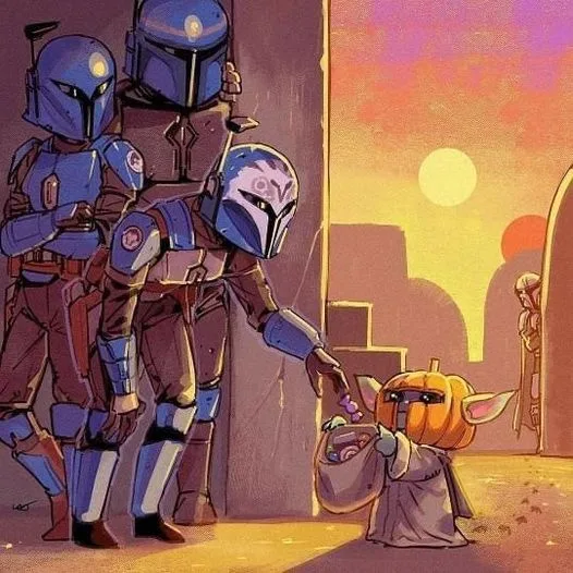 three blue-armored Mandalorian bounty hunters stand in a desert setting at sunset, one bending down to interact with a…