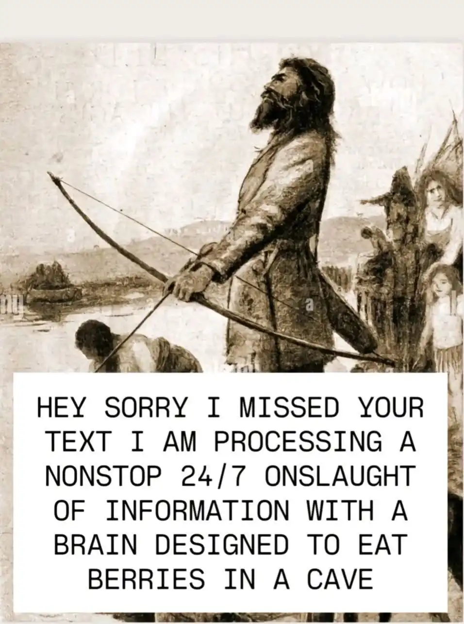 A sepia-toned historical painting depicts a bearded man holding a bow and arrow, standing beside a group of people near…
