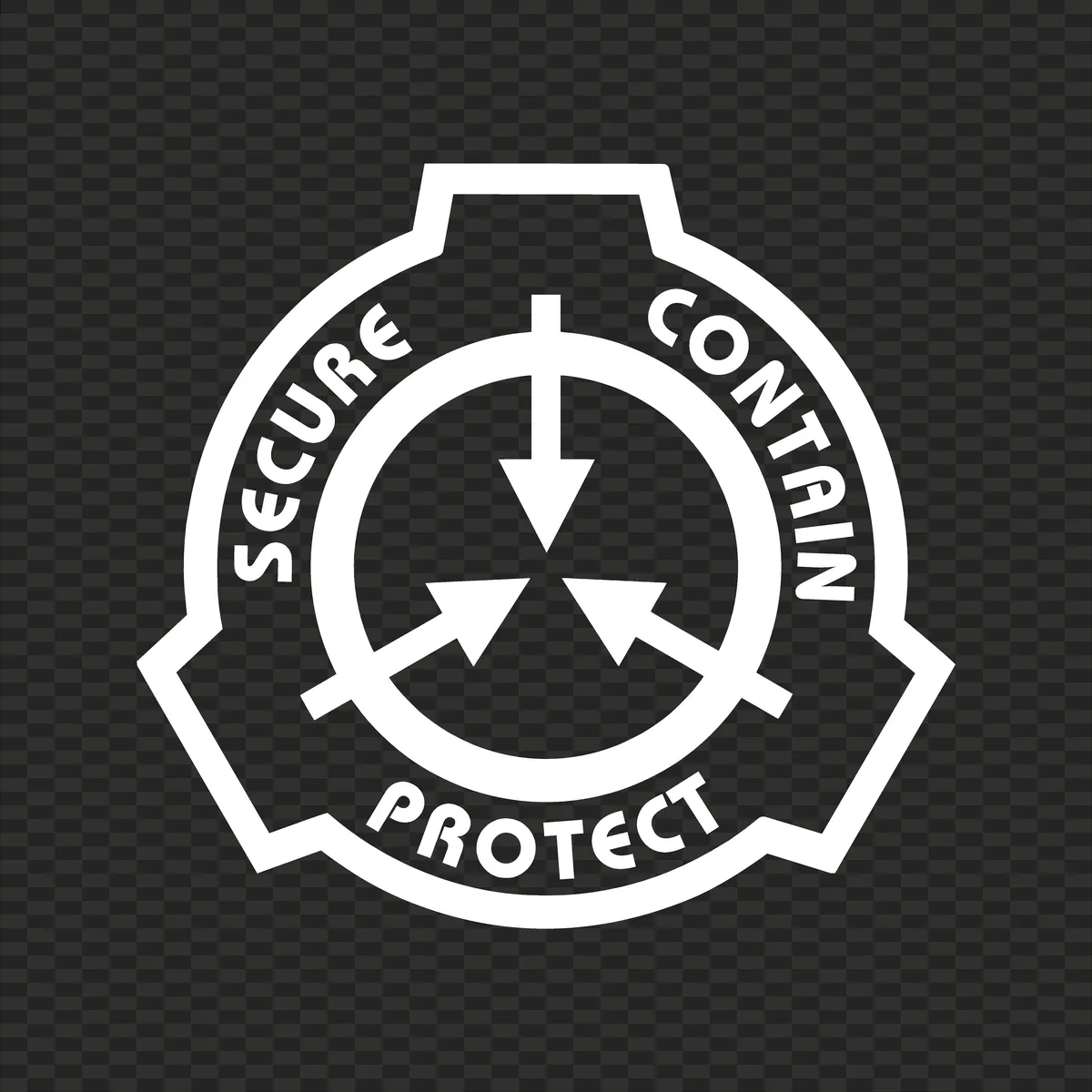 A white circular emblem on a transparent checkerboard background, featuring the words 'SECURE', 'CONTAIN', and 'PROTECT'…
