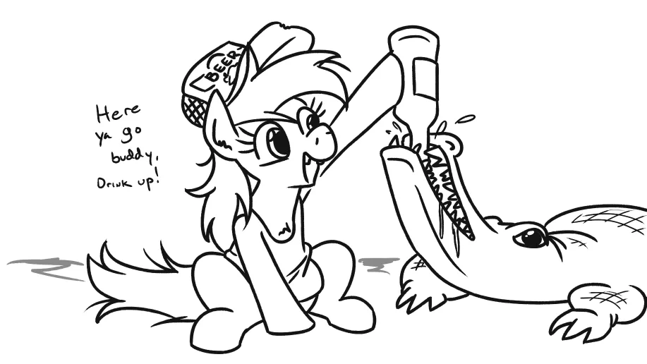 A black-and-white cartoon drawing shows a pony wearing a 'BEER' hat, cheerfully pouring a bottle of beer into the open mouth…