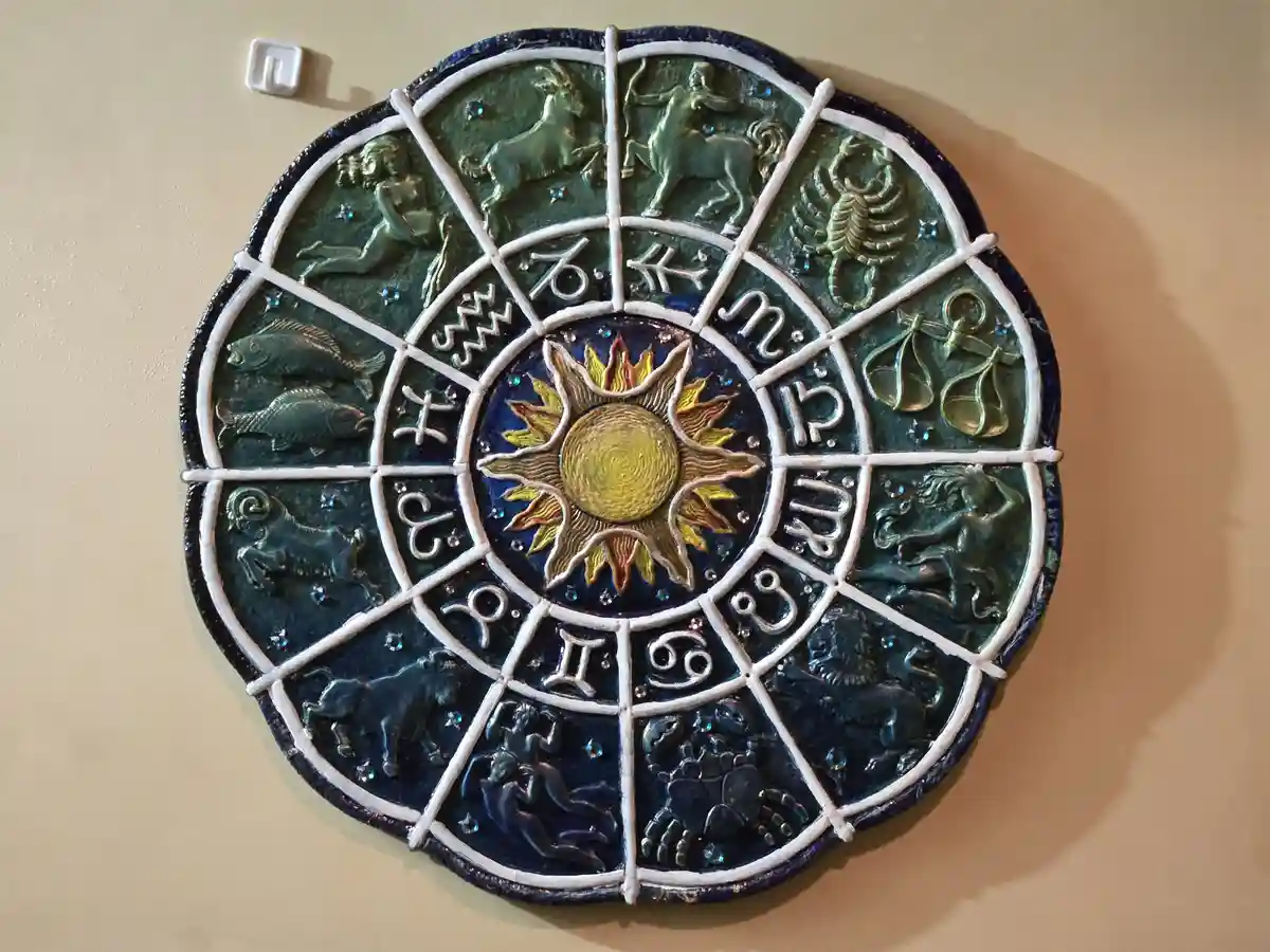 A decorative wall plaque depicting the 12 zodiac signs arranged in a circular pattern around a central sun motif, mounted on…
