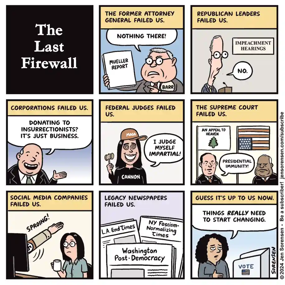 A comic strip titled 'The Last Firewall' shows a sequence of panels blaming various institutions for failing the public…