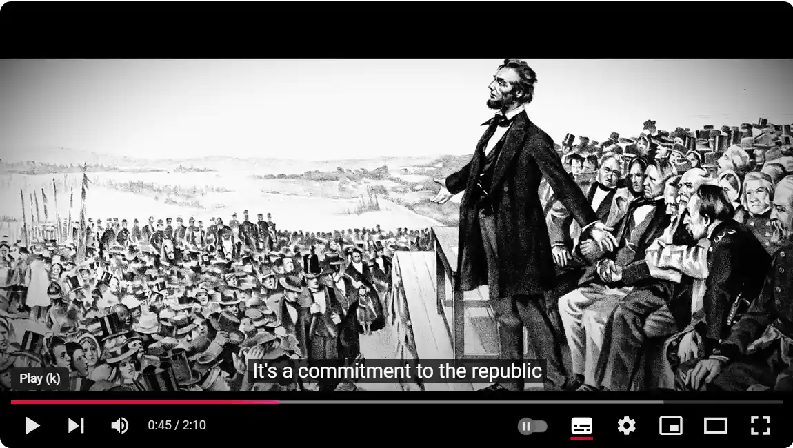A black-and-white historical illustration depicts Abraham Lincoln standing at a podium addressing a large crowd of people in…
