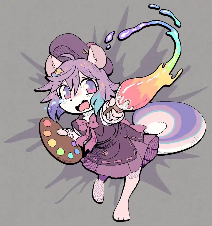 A chibi-style anime girl with purple hair and cat ears, wearing a purple outfit and holding a paint palette in one hand and…