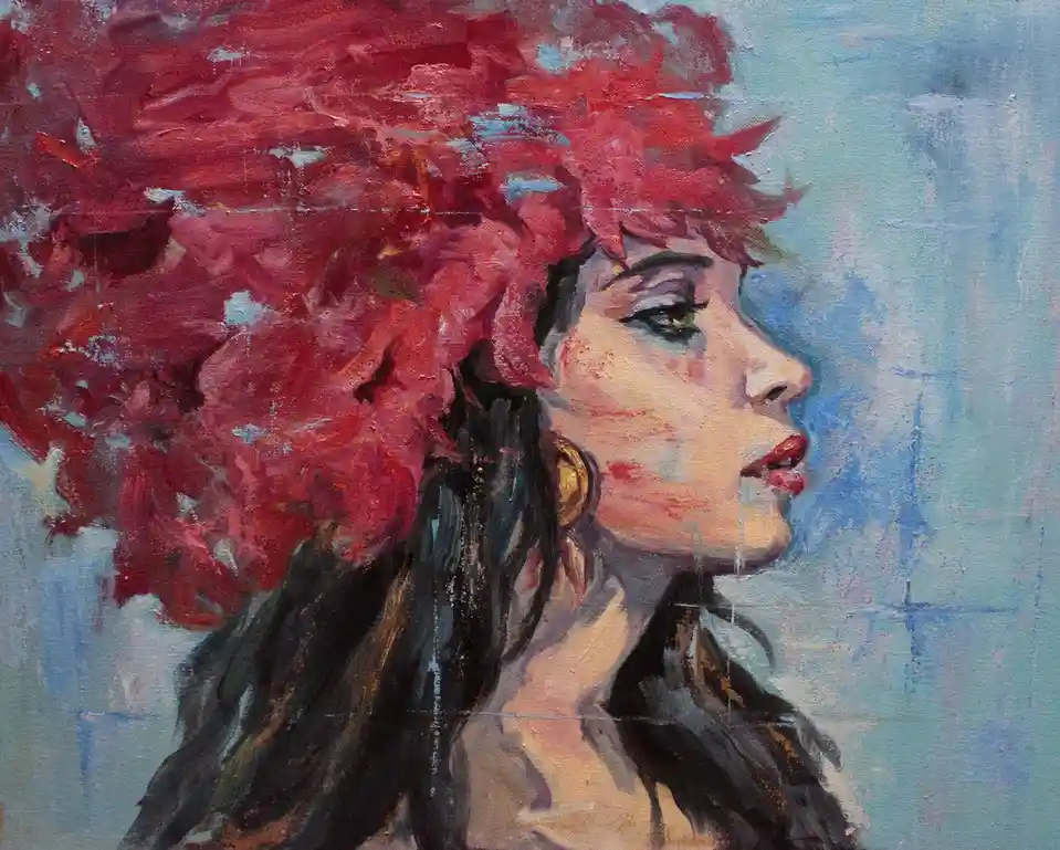 An oil painting depicts a woman in profile with vibrant red hair against a blue background, wearing gold hoop earrings. The…