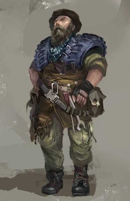 A rugged, bearded man in worn armor and a bandana stands with a weary expression, holding a wrench. The overlaid text reads…