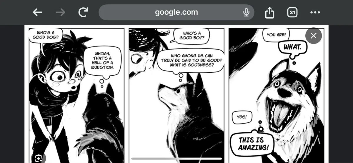 A black-and-white three-panel comic strip shows a person asking a dog 'Who's a good dog?' The dog responds with existential…