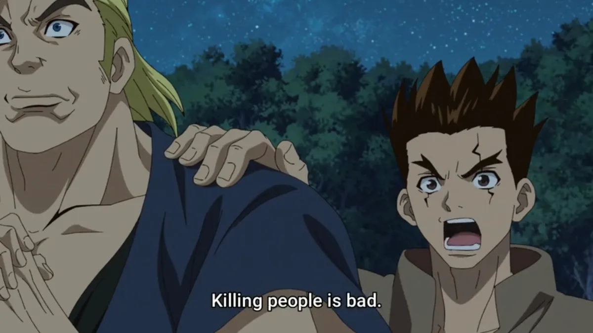 Two anime characters are shown at night under a starry sky with trees behind them. The character on the left, with blonde…