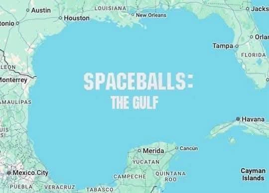 A map of the Gulf of Mexico with the overlaid text 'SPACEBALLS: THE GULF' in large white letters. The map shows surrounding…