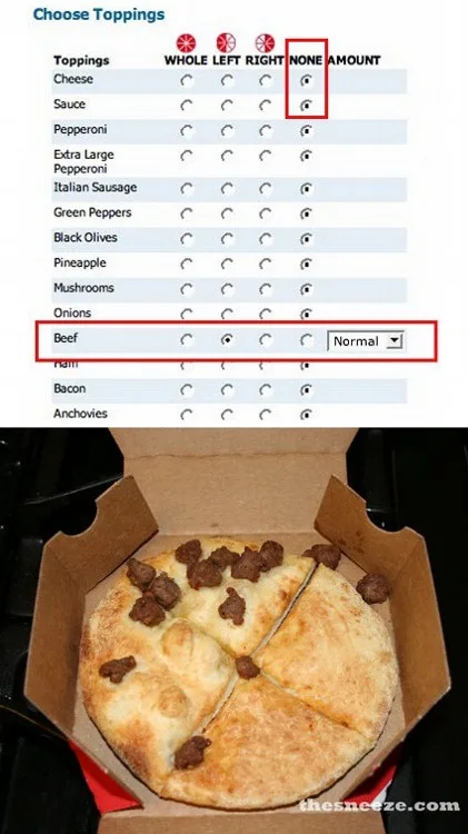 An image shows a pizza with only beef toppings, visually matching a pizza order form where 'Beef' is selected as 'Normal'…