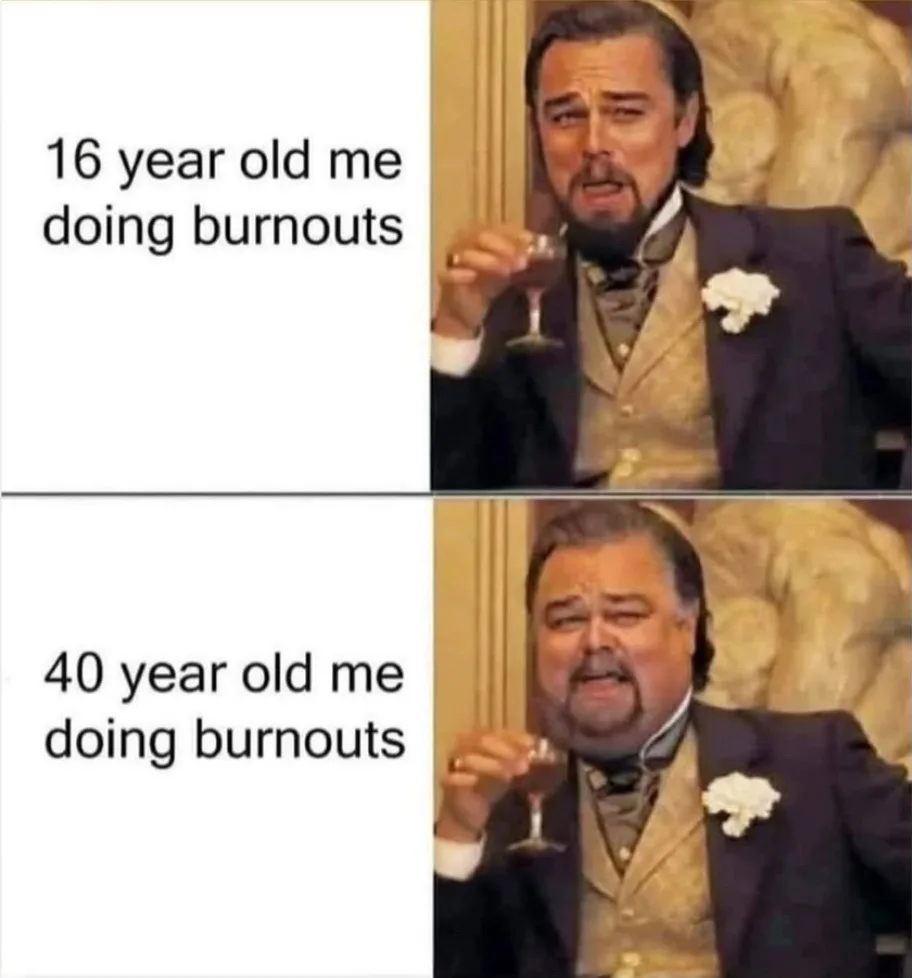A two-panel meme featuring Leonardo DiCaprio and later a heavier version of him, both in identical formal attire holding…