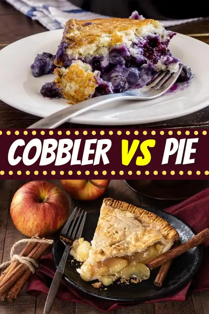 The image is split into two halves: the top shows a slice of blueberry cobbler with a crumbly topping on a white plate, and…