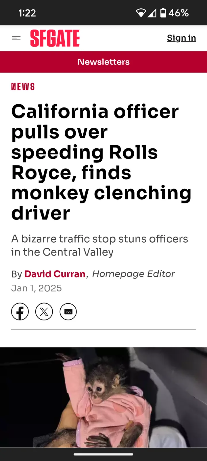 A screenshot of an SFGATE news article from January 1, 2025, with a headline about a California officer pulling over a…