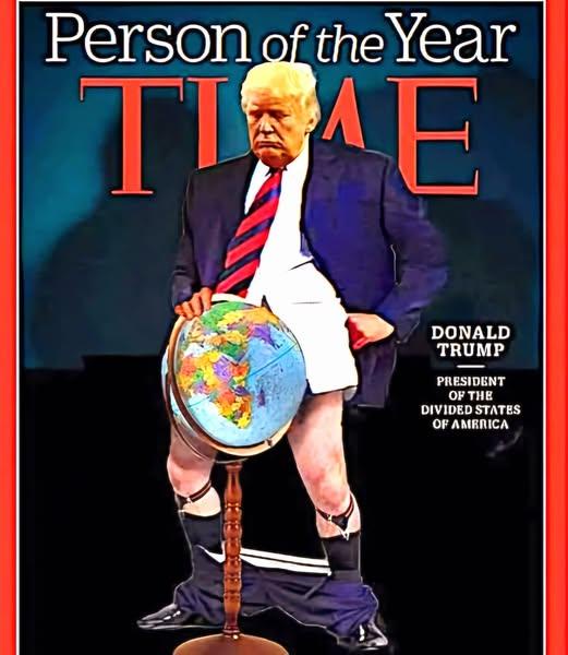 A digitally altered image mimicking a TIME magazine cover, featuring Donald Trump standing beside a globe while wearing only…