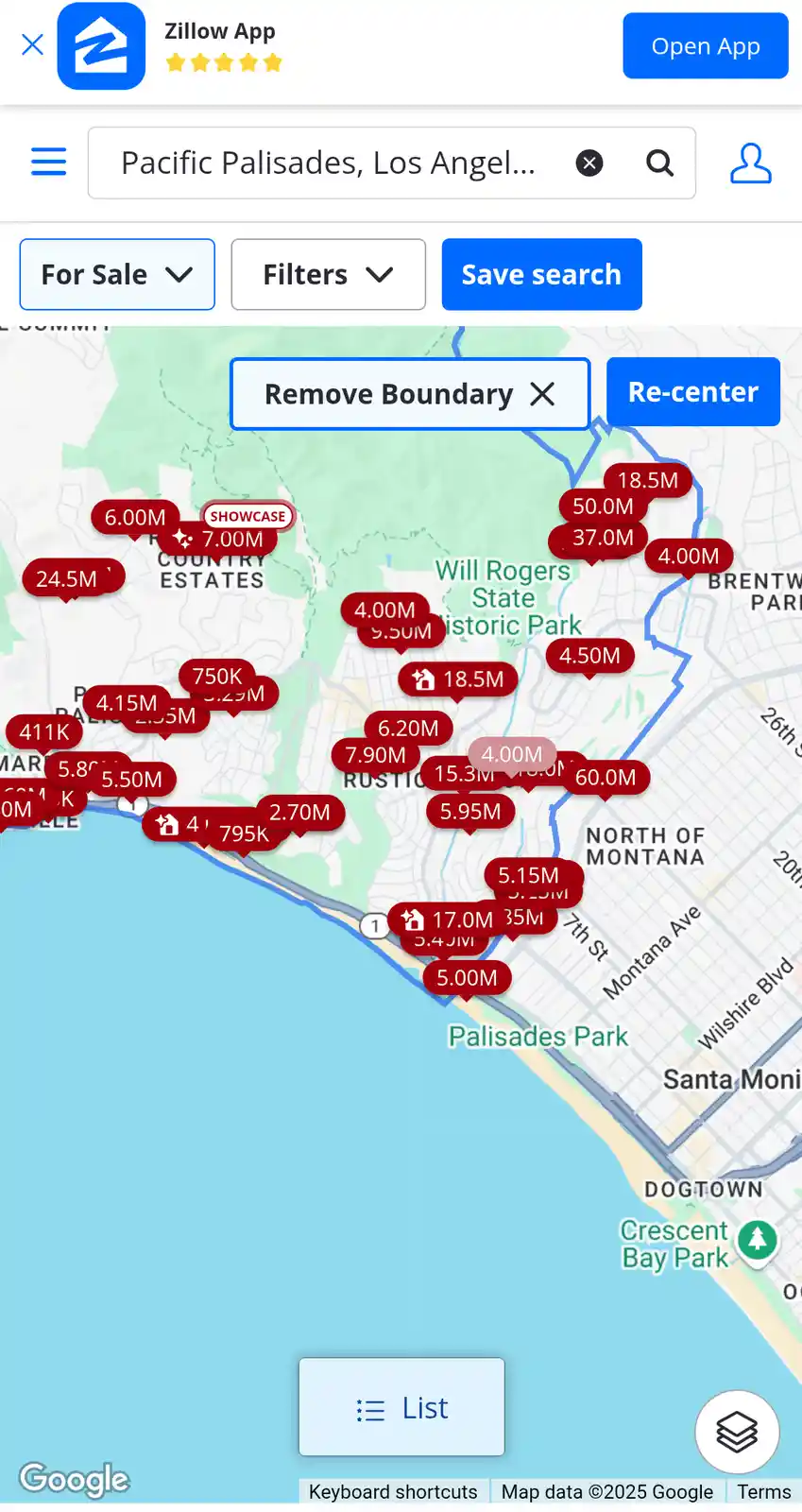 A screenshot of the Zillow app showing a map of Pacific Palisades, Los Angeles, with numerous red price tags for homes…