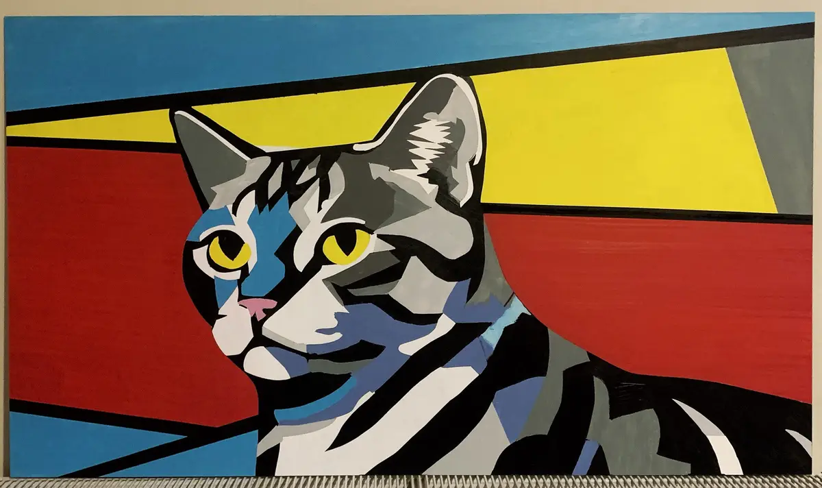 A stylized painting of a gray tabby cat with yellow eyes, rendered in bold geometric shapes and primary colors against a…