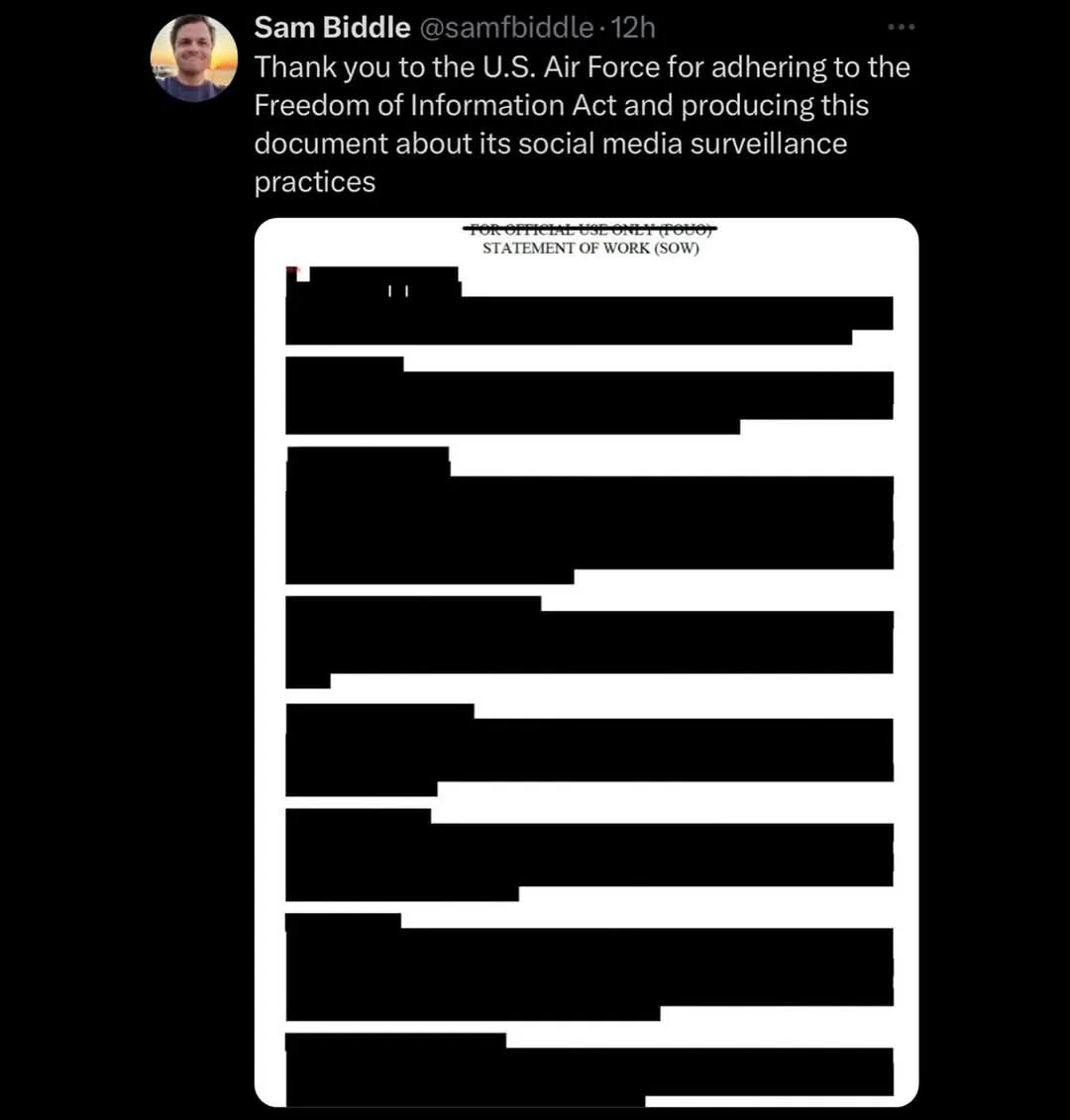 A screenshot of a tweet by Sam Biddle thanking the U.S. Air Force for releasing a document about its social media…