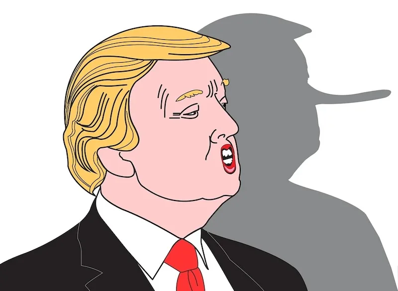 A cartoon illustration of Donald Trump in profile, wearing a suit and red tie, with his mouth open as if shouting. Behind…