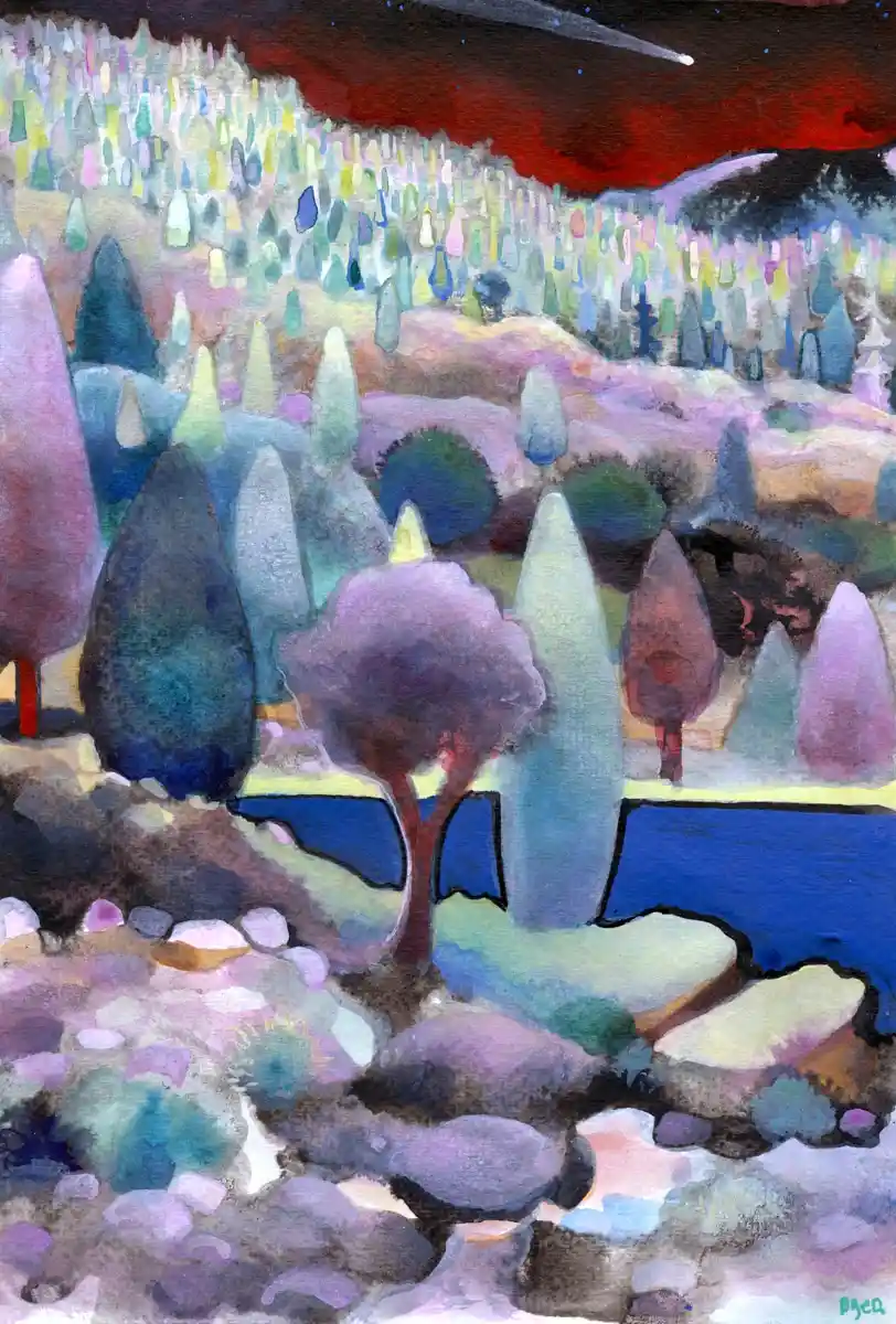 A colorful, abstract watercolor painting depicts a surreal landscape with stylized trees in purples, blues, and greens, a…