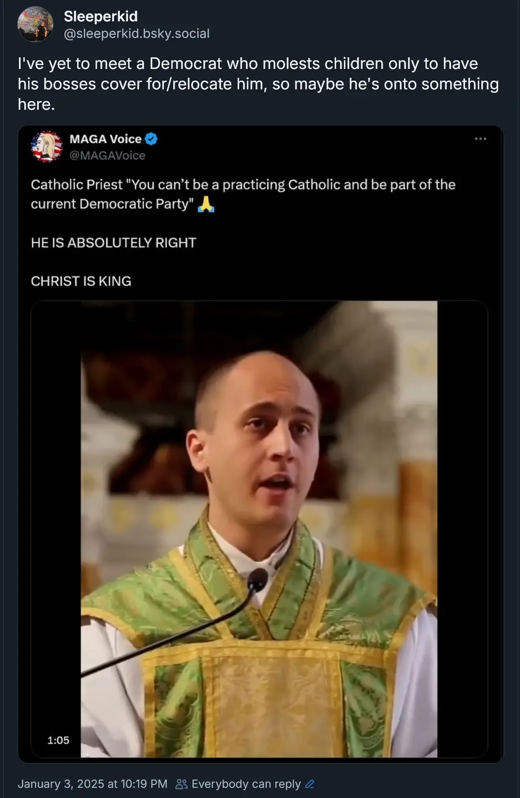 A screenshot of a social media post showing a video clip of a Catholic priest speaking into a microphone while wearing green…
