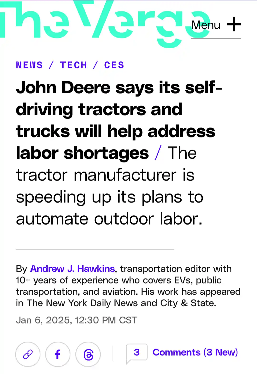 A screenshot of a The Verge news article from January 6, 2025, with the headline 'John Deere says its self-driving tractors…