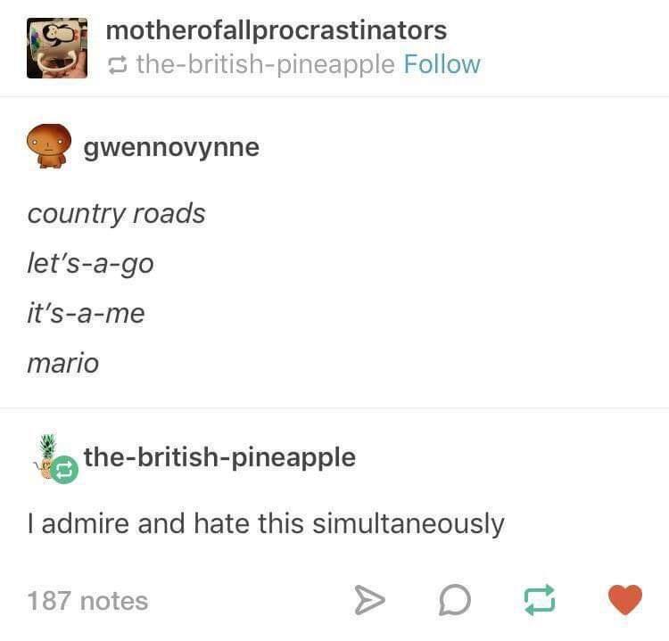 A Tumblr-style screenshot shows a user named 'gwen novynne' posting the lyrics 'country roads', 'let's-a-go', 'it's-a-me'…