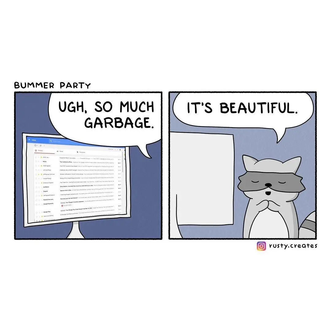 A two-panel comic titled 'BUMMER PARTY' shows a computer screen filled with a cluttered email inbox in the first panel, with…