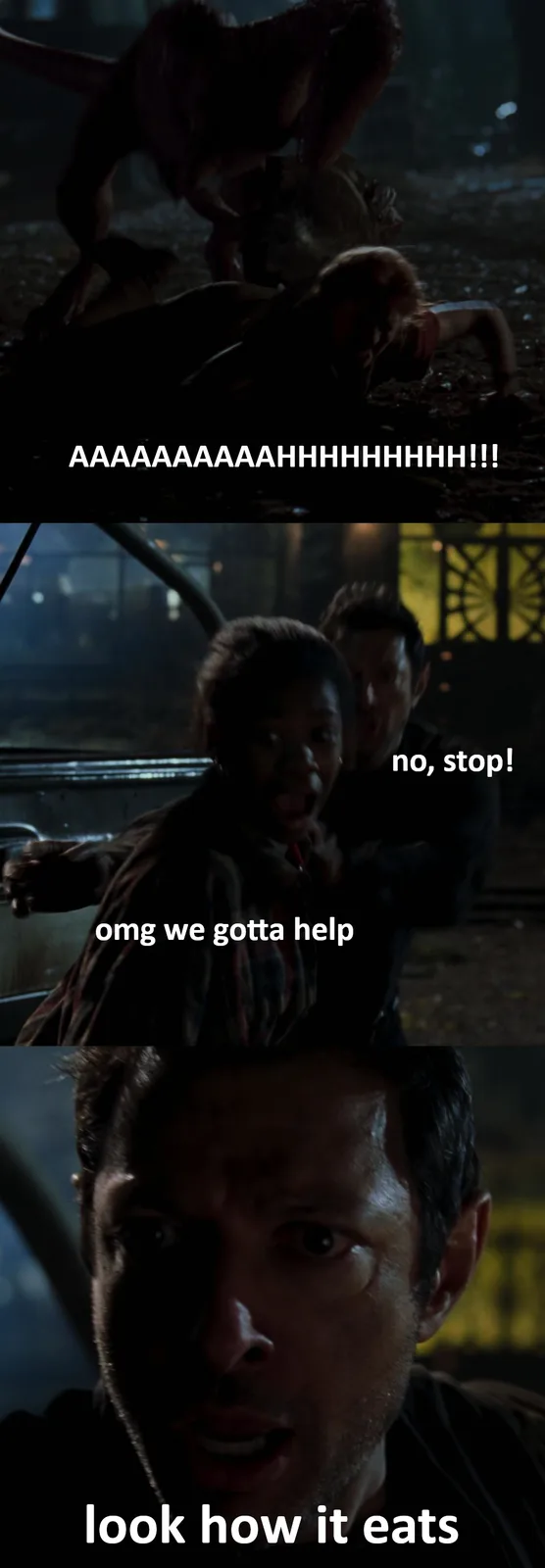 A three-panel meme from 'The Walking Dead' shows a person being attacked by a creature, with text screaming…