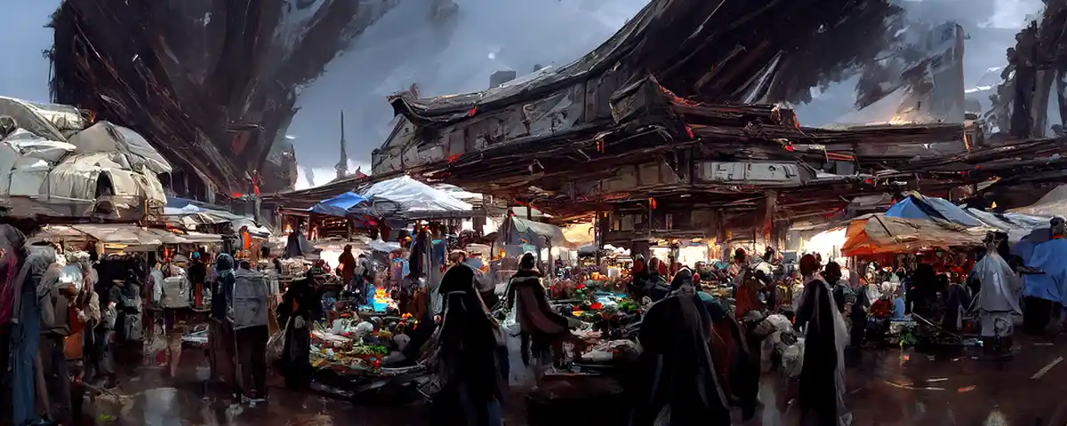 A bustling, rain-slicked fantasy marketplace under a massive, broken, curved structure with makeshift stalls and crowds of…