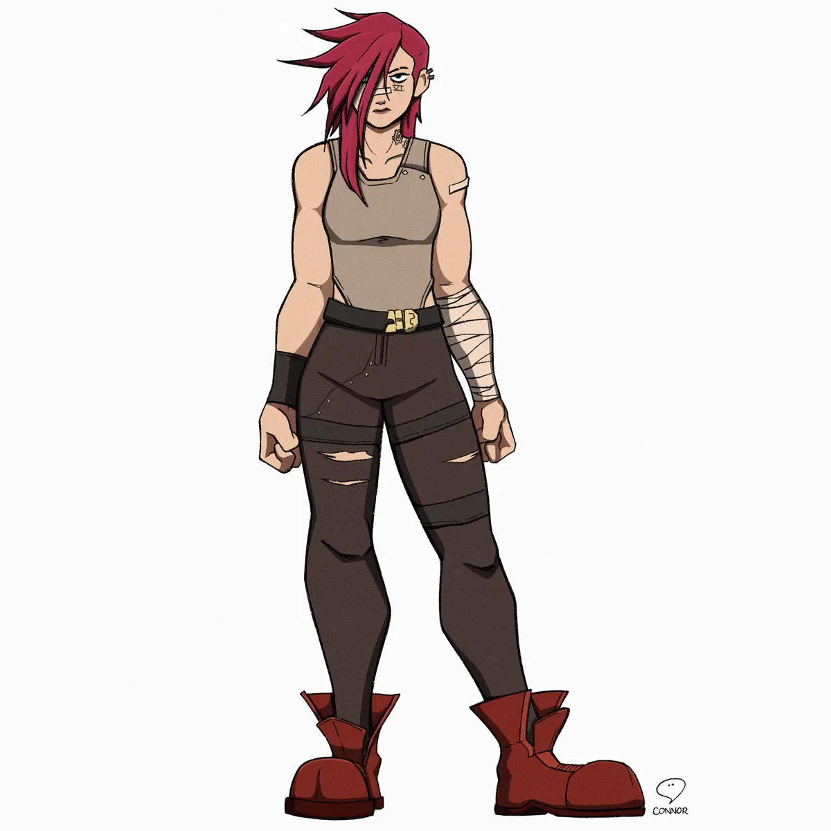 An anime-style character with red hair, a bandaged arm, and a stern expression stands in worn clothes and red boots. The…