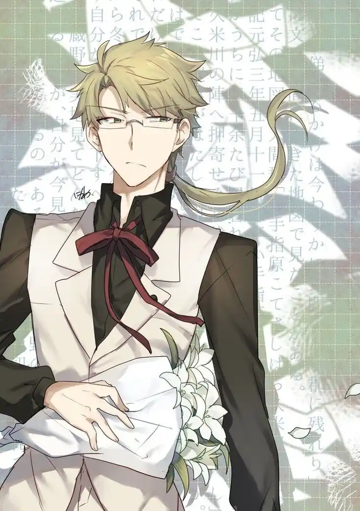 An anime-style illustration of a young man with glasses, blonde hair, and a long tail, wearing a formal outfit with a red…